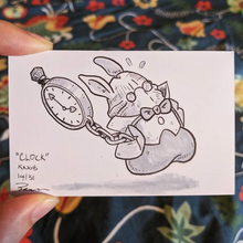 A drawing of the white rabbit from Alice in Wonderland represented as a penis carrying a pocket watch