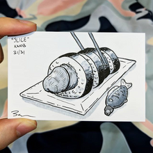 Drawing of a penis rolled in sushi that has been sliced and is being grabbed by chopsticks