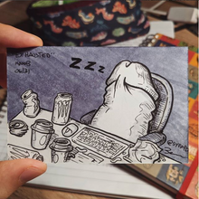 Drawing of a sleepy and exhausted penis slumped at desk with energy drinks