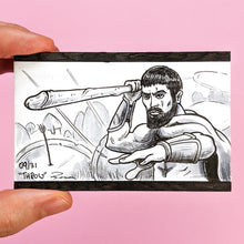 Knobtober 2020 drawing for "Throw". Original artwork by Brendan Pearce of a scene from 300 with a spear about to be thrown but the spear is a penis.