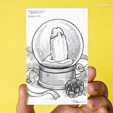 A beautiful scene with a drawing of an ornamental snow globe featuring a penis inside