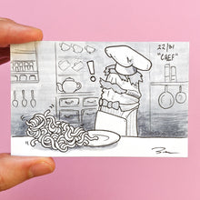 An original artwork by Brendan Pearce for Knobtober day 22 "Chef". The drawing features a penis portrait of the Chef from the muppets looking at a plate of spaghetti.