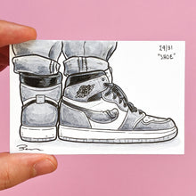 This original art by Brendan Pearce is called "Shoe" and it's the day 29 drawing for Knobtober. It shows a pair of high cut shoes under rolled up jeans and there is curved penis design on the shoe. 