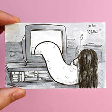 A drawing of the famous scene from the Ring of the lady coming out of the TV only the lady is a penis with long hair. This is original art by Brendan Pearce for Day 31 of Knobtober and it is called "Crawl".