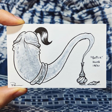 Drawing of a genie in the form of a penis coming out of a bottle