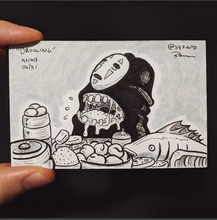 Anime themed drawing of a drooling penis at a table of food